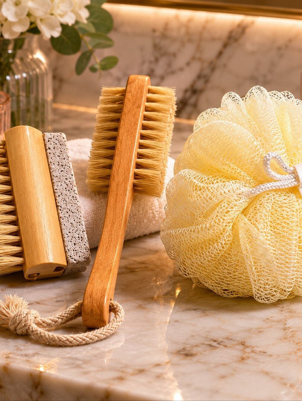 Foot Scrub Wooden Brush Pumice Stone, double sided brush natural bristles, Pouf